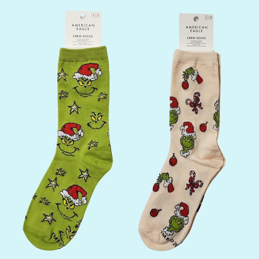 BUNDLE American Eagle 2 Pairs Crew Socks Green Pink Grinch Christmas Gift Cotton